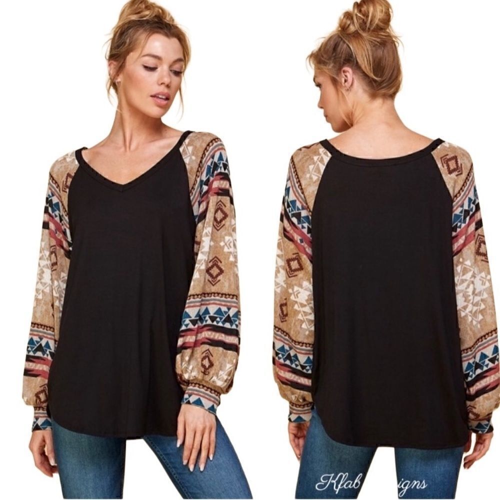 a.gain New! Tribal Aztec Top V Neck Puff Long Sleeve Super Soft Pullover Blouse